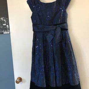 Midnight Blue Velvet Trim Holiday Dress Sz 16 Girl